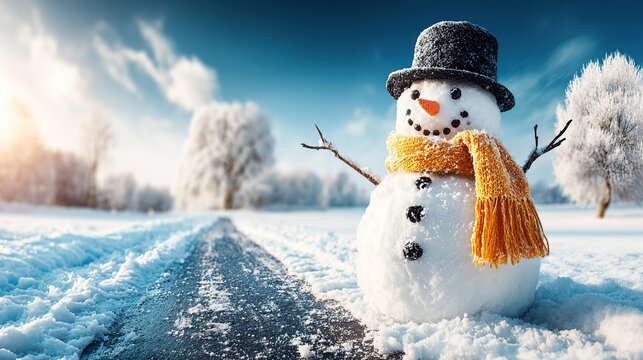 “Mr. Cute Snow” kids project: centered composition with plenty of copy-space for title or mascot name—winter camp workbook or preschool material