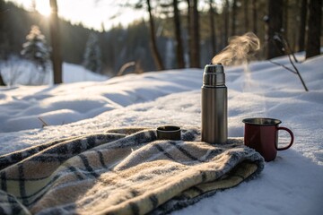 Blanket on snow with thermos and mug for a camp in winter forest