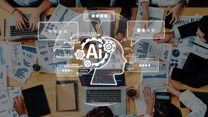 A dynamic group of professionals engaged in a collaborative meeting, analyzing charts and discussing strategies involving artificial intelligence and data-driven insights. Raster