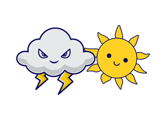 Cute Weather Duo Logo – Happy Sun & Angry Storm Cloud with Lightning | Editable AI/EPS Vector Icon | Kawaii Forecast Mascot for Kids Apps, Education, Stickers & Branding