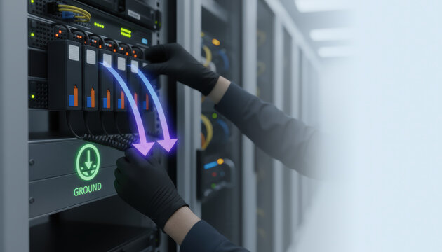 Cyber protection in data center with hands managing server hardware for secure warfare defense