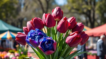 Bouquet of tulips or peonies at a spring outdoor market with crowds behind