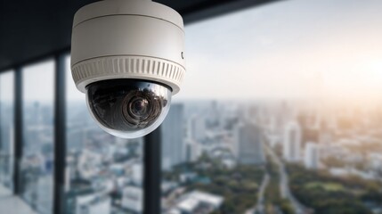 High above a lively city, a surveillance camera focuses on the horizon as the sun begins to rise, illuminating the urban landscape below with a warm glow, ensuring safety all around