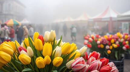 Bouquet of tulips or peonies at a spring outdoor market with crowds behind