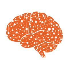 Abstract digital brain graphic with intricate white dots and lines symbolizing neural networks, intelligence, thought, data, artificial intelligence, science, technology, and cognition.	