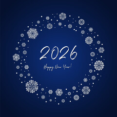 2026 happy new year. white text on blue gradient with snowflakes frame. vector illustration. design template for greeting card, banner, invitation