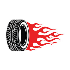 Stylized illustration of a powerful automotive tire with bold red flames trailing behind, symbolizing speed, high performance, and intense motion in racing and vehicle design.