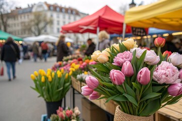 Bouquet of tulips or peonies at a spring outdoor market with crowds behind