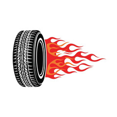 Speeding tire vector illustration with vibrant red and orange flames trailing, symbolizing rapid acceleration, power, and high-performance automotive themes on a crisp white backdrop.