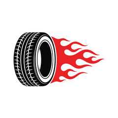 Automotive performance logo depicting a fast moving car tire with dynamic red flames, symbolizing speed, power, and acceleration in racing and hot rod culture, vector illustration icon.