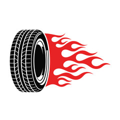 Stylized racing tire graphic with fiery red flames speeding across a white background, symbolizing velocity, power, and high performance in automotive and hot rod designs.