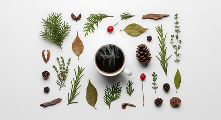 Steaming coffee mug amidst an artful flat lay of natural autumn and winter elements including pine cones, dry leaves, rosemary, and red berries.