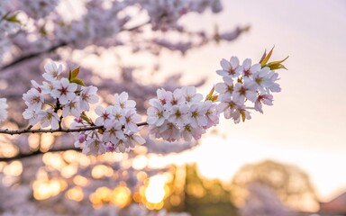 Cherry blossoms in Spring with soft pastel sky bokeh behind for copy space