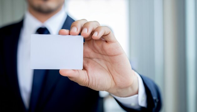 Business Card Presentation: A business professional, impeccably dressed in a tailored suit, extends a blank business card towards the viewer, symbolizing opportunity and professional identity.