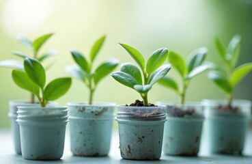 Obraz premium Small green plants sprout from soil in recycled plastic bottles. Seedlings grow indoors on a windowsill, promoting eco-friendly home gardening and sustainable living practices.