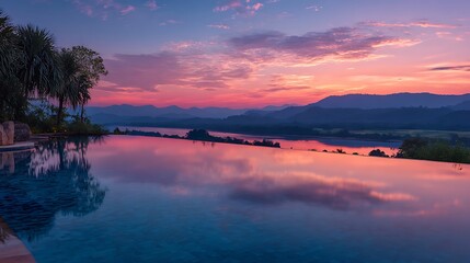 Fototapeta premium Infinity Pool at Dusk Reflecting Pink Sky and Distant Mountains
