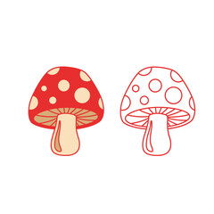 Stylized fly agaric mushroom, with a red spotted cap and beige stem, next to a black outline version, great for kids' projects, nature themes, coloring, and educational materials.