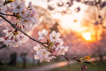 Cherry blossoms in Spring with soft pastel sky bokeh behind for copy space