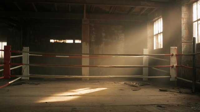 A classic boxing ring sits empty in a gritty, run-down gymnasium bathed in dramatic morning sunlight