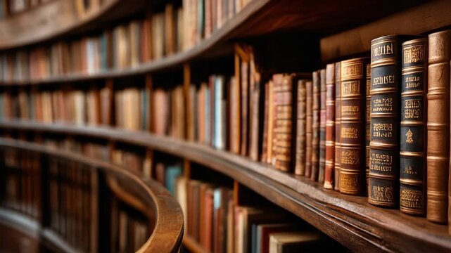 Stunning vintage library shelves filled with classic books and rich wooden textures