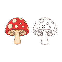 Cartoon red mushroom with white spots illustration and black outline version. whimsical toadstool drawing for coloring books, kids crafts, and fantasy themes.
