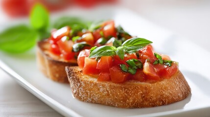 Two Toasted Bread Slices Topped With Diced Tomatoes And Fresh Basil Leaves On White Plate
