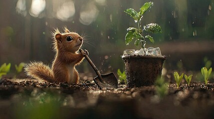 A cute squirrel is planting a small tree in the rain. The scene is set outdoors with a soft, natural lighting.