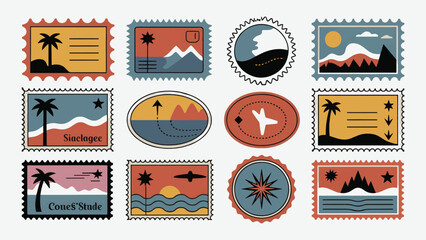 Vintage Tropical Travel Stamp Vector Set - Retro Palm Tree and Mountain Postcard Badges