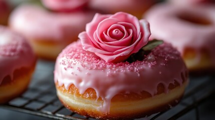 Closeup of a delectable donut adorned with pink glaze, delicate sprinkles, and a beautiful rose, creating a sweet and romantic treat