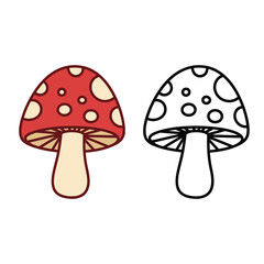Vibrant cartoon fly agaric mushroom with red cap, cream spots, and brown gills, paired with its outline version for coloring. isolated vector for kids' activities and nature themes.