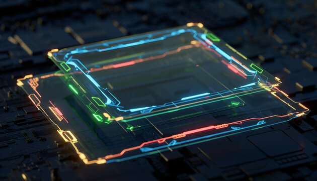 Digital Circuit Design: A close-up showcases a modern technological design, featuring intricate illuminated circuit board elements with vibrant colors.
