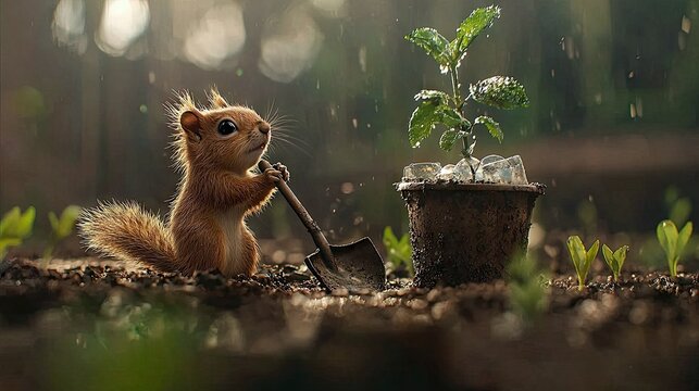 A cute squirrel is planting a small tree in the rain. The scene is set outdoors with a soft, natural lighting.