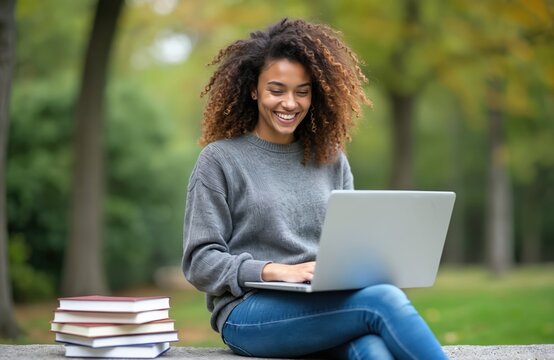 Young african american woman smiles while using laptop outdoors near stack of books. Student studies online in park campus, enjoying nice weather. Person learns remotely.