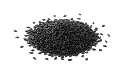 Pile of black sesame seeds on white background.