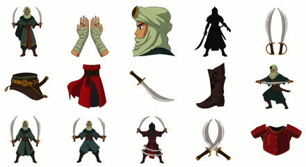 A collection of stylized illustrations depicting Middle Eastern warriors, weaponry, and traditional garments, perfect for historical or cultural design projects.
