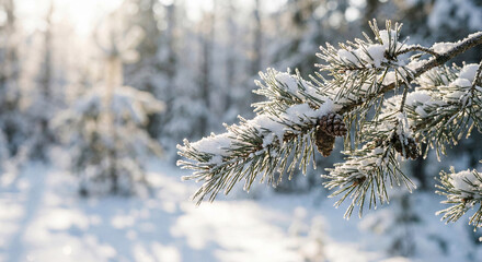 Macro of snow dusted evergreen branches in morning light
