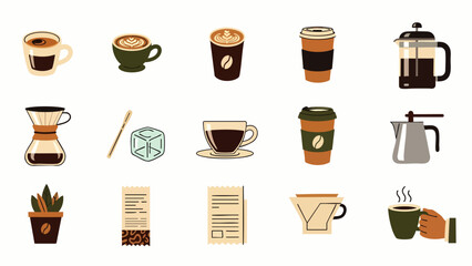 A vibrant collection of coffee-related illustrations, showcasing various brewing methods and beverages, perfect for cafe menus and design projects.