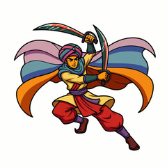An illustrated depiction of a Middle Eastern warrior, brandishing two curved swords, clad in traditional garb, ready for action against a white backdrop.