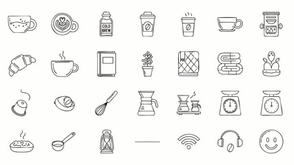 Fototapeta premium Collection of coffee-related icons, including cups, beans, brewing equipment, and pastries, perfect for cafe menus and design projects.