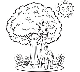Cute Giraffe Coloring Page for Kids – Cartoon Animal Illustration with Tree and Sun