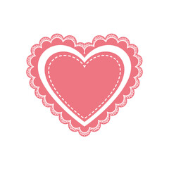 Pink heart with elegant lace border and dashed stitching outline, perfect for valentine's day, anniversaries, wedding invitations, romantic greetings, and love-themed designs on a clean background.	
