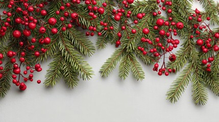 Festive holiday decoration with a border of pine branches and red berries