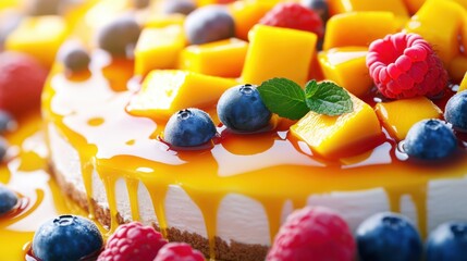 A delectable mango cheesecake adorned with fresh blueberries, raspberries, and a sprig of mint, drizzled with a luscious, glossy glaze