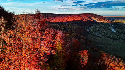 Fiery treetops blaze beside an autumn valley, with mountain shadows and a winding river below. Aerial perspective reveals layers of crimson, orange and gold across forests beneath a dramatic sky.