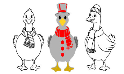 Obraz premium Set of Three Cute Cartoon Birds or Ducks Dressed in Winter Accessories, Featuring Line Art Outlines with a Snowman-Themed Center Bird in Gray and Red, Festive Holiday Characters, Vector Illustration