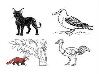 coloring page line art the bird and animal black vector bundle