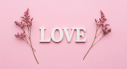 Soft pink background with white love letters and delicate dried flowers
