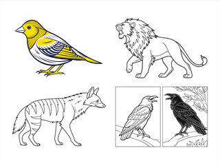 coloring page line art the bird and animal black vector bundle