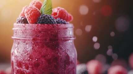 A refreshing mixed berry smoothie in a mason jar, topped with fresh raspberries, blackberries, and a mint leaf, perfect for a healthy treat