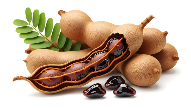 Fresh ripe tamarind pods with green leaves, one opened to show the sticky pulp and seeds, isolated on a white background.